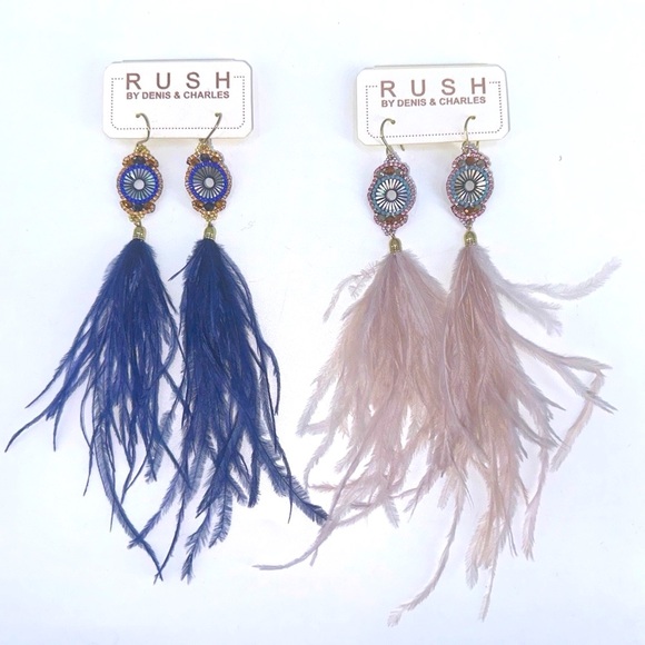 Set of 2 ostrich feather linear earrings, navy color and pale pink - Picture 1 of 1